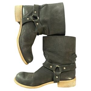 Sundance Black Leather Combat Moto Ankle Boots